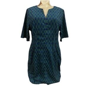 Zapelle Custom Blue Green Shaped Shift Dress Short Sleeve Lined Knee Length L